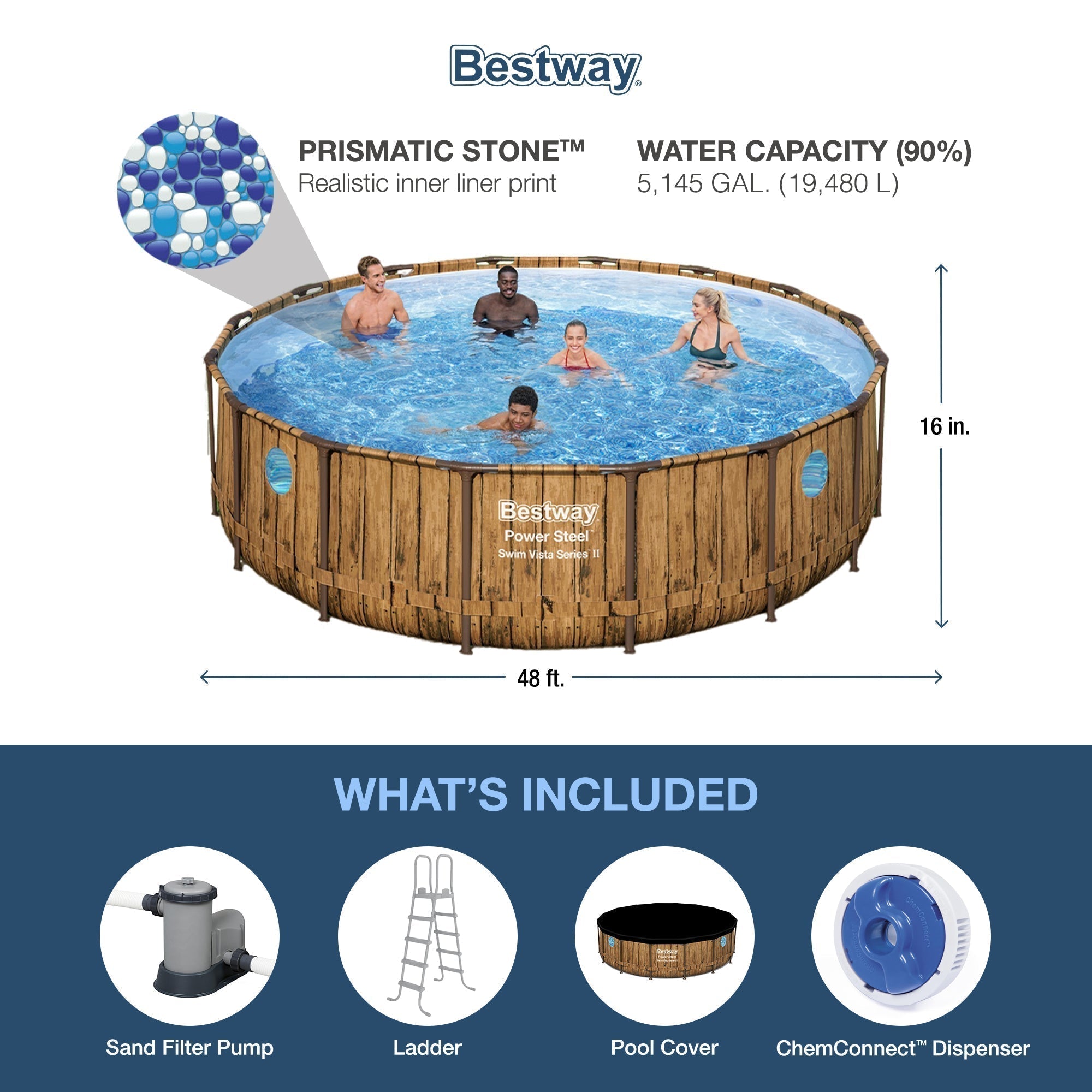 Bestway Power Steel Swim Vista 16' x 48" Round Above Ground Swimming Pool Set