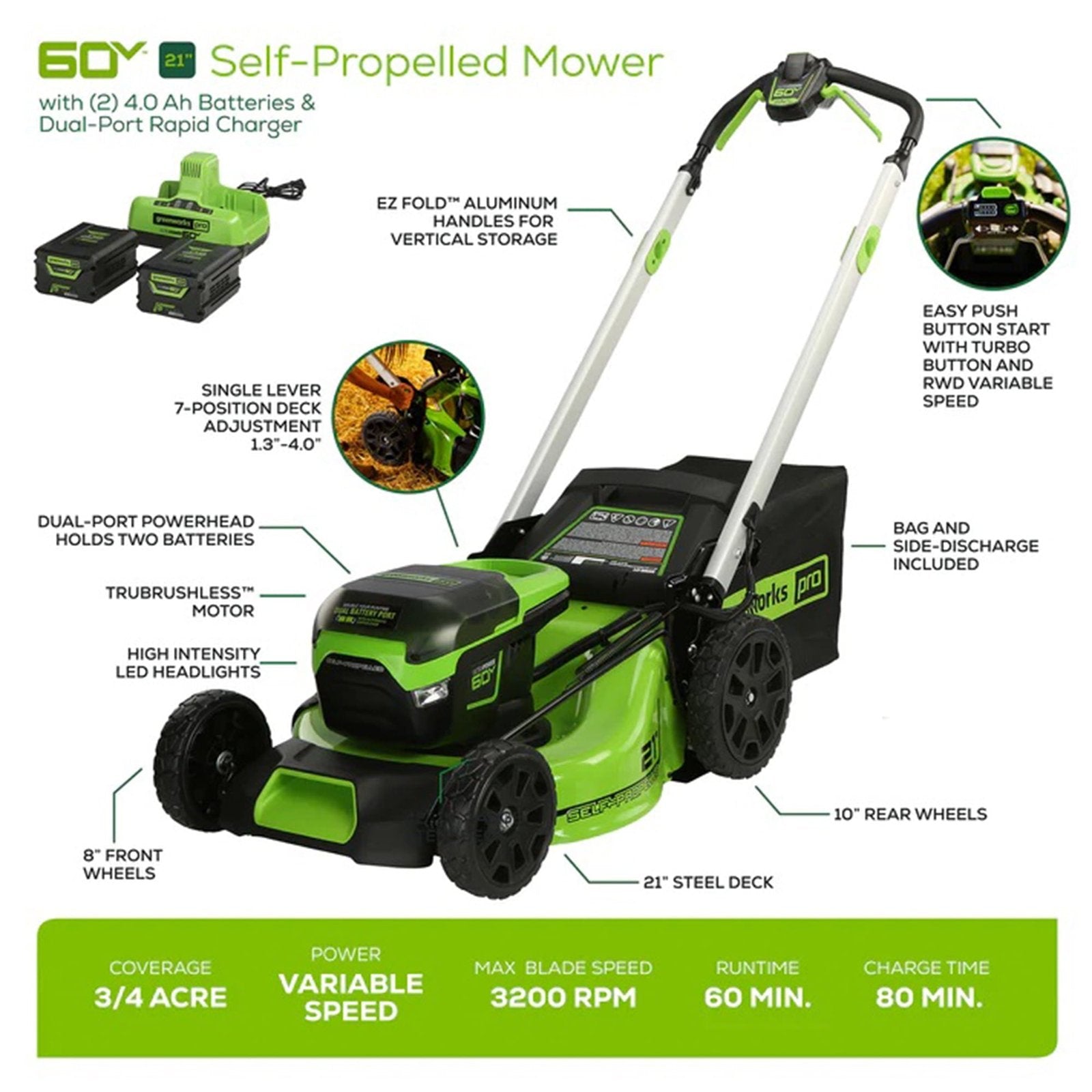 Greenworks 60V 21″ Brushless Self-Propelled Battery Powered Lawn Mower + (2) 4.0Ah Batteries & Dual Port Charger