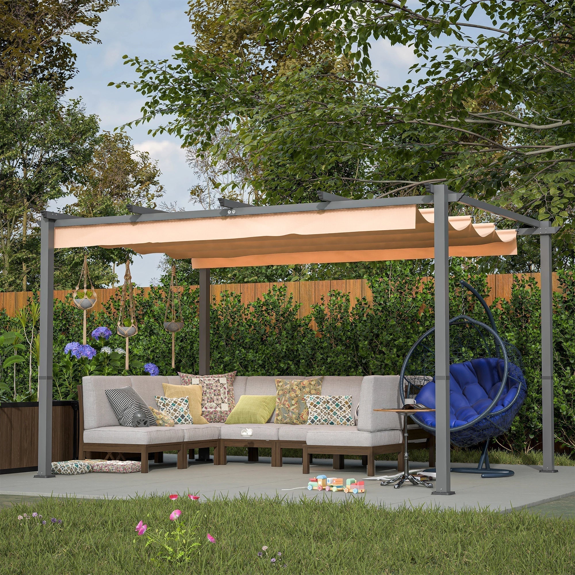 Stylish 10′ x 13′ Aluminum Patio Pergola with Retractable Canopy – Perfect Backyard Shade Shelter for Outdoor Parties