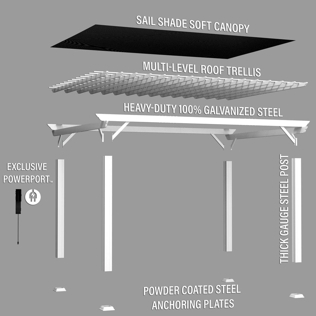 16×12 Hawthorne Traditional Steel Pergola With Sail Shade Soft Canopy