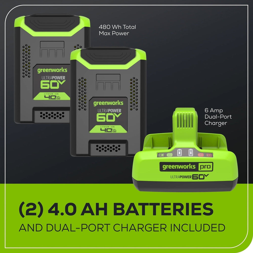 Greenworks 60V 25″ Cordless Brushless Self-Propelled Mower + Two (2) 4.0Ah Batteries & Dual Port Charger