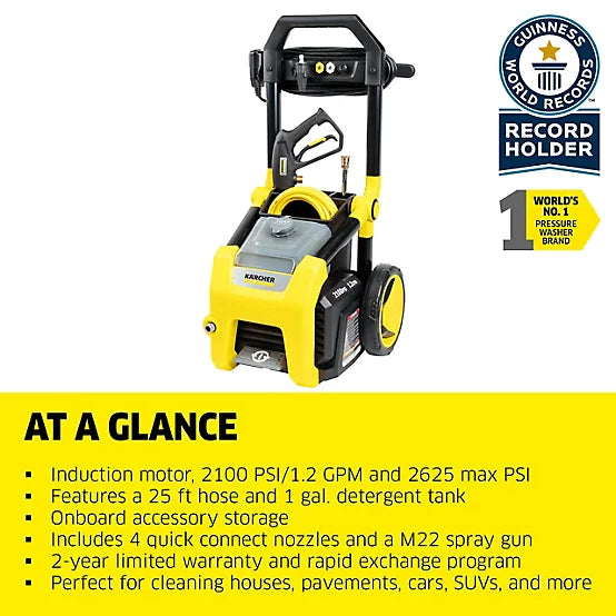 Karcher 2,100 PSI 1.2 GPM Electric Cold Water K2100PS Pressure Washer with Turbo, 15 Degree, 40 Degree and Soap Nozzles