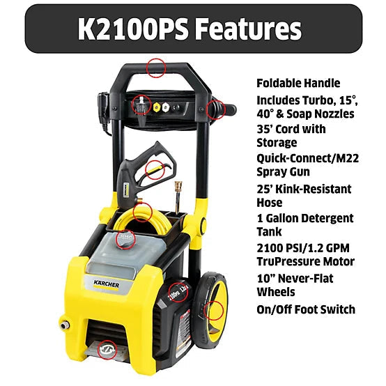 Karcher 2,100 PSI 1.2 GPM Electric Cold Water K2100PS Pressure Washer with Turbo, 15 Degree, 40 Degree and Soap Nozzles