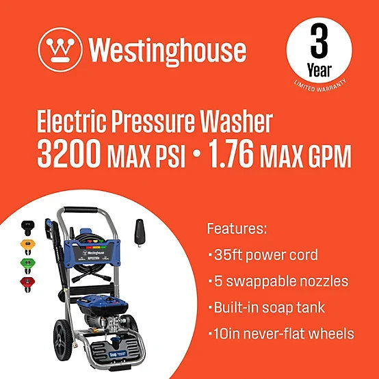 Westinghouse 3,200 PSI 1.76 GPM Electric Cold Water Pressure Washer with 5 Nozzles and Soap Tank