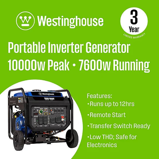Westinghouse 10,000/7,600-Watt Gasoline Powered Portable Inverter Generator, Remote Start with CO Sensor