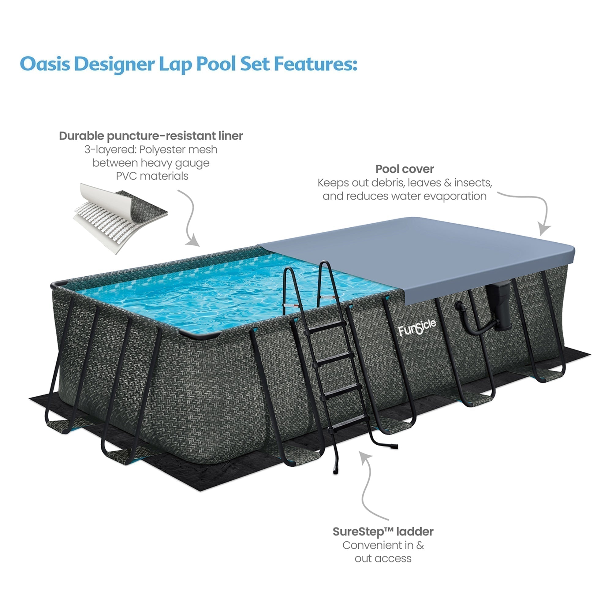 Funsicle 18' x 9' x 52" Oasis Rectangular Swimming Pool Set with 18' Cover