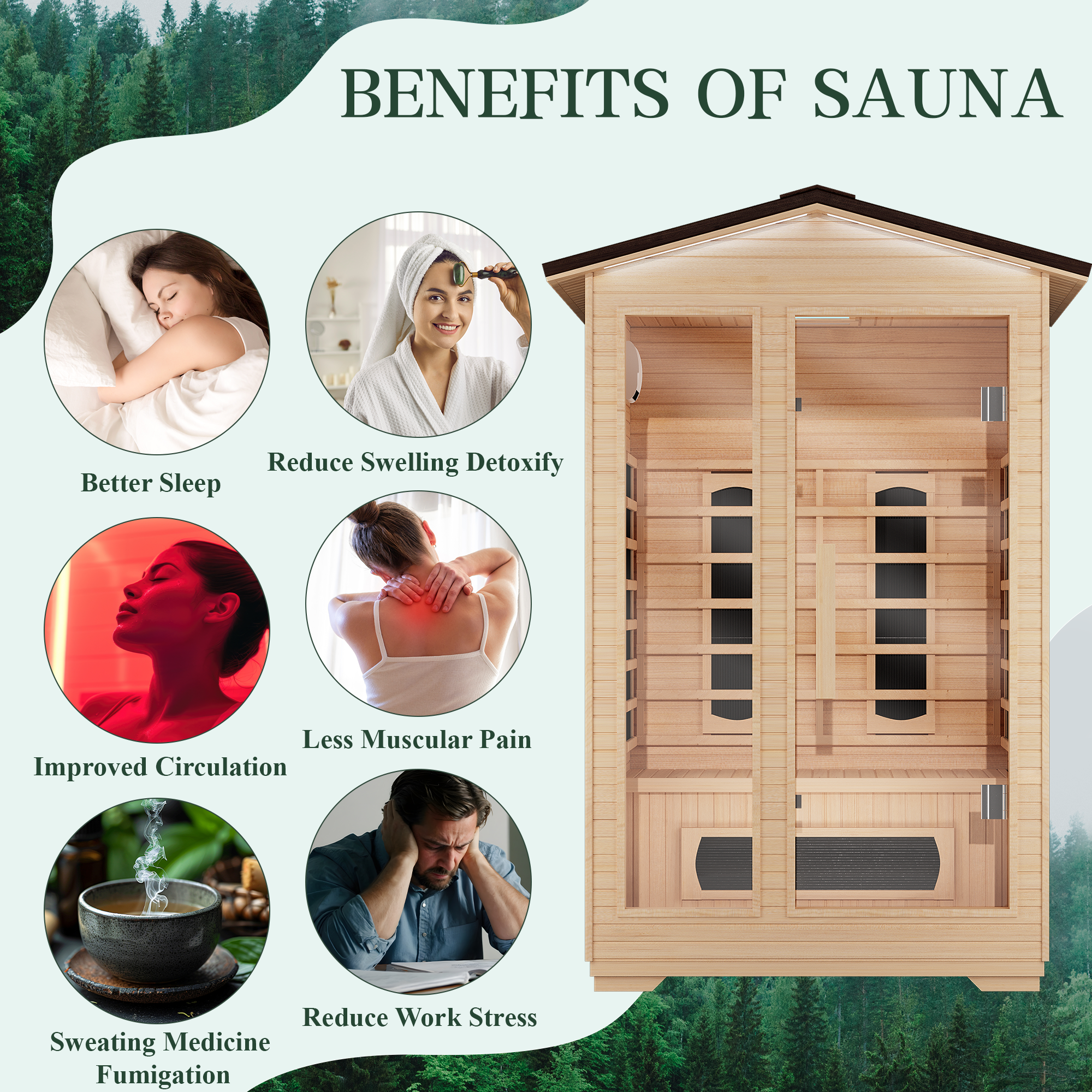 EROMMY Outdoor Sauna 2 Person, Far Infrared Wooden Sauna, Personal Sauna with Bluetooth Speaker and Changeable Chromotherapy Lighting