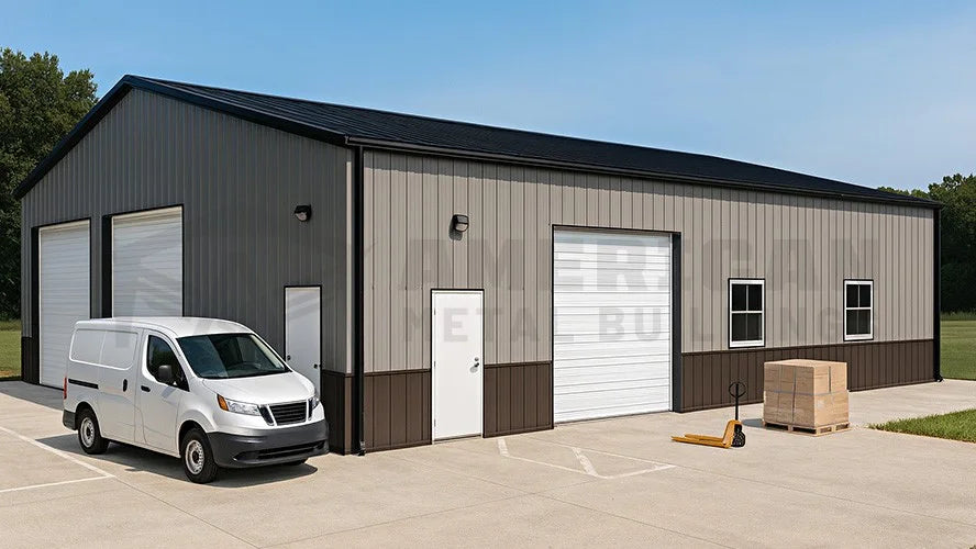 50x40x14 steel warehouse with vertical roof and 10x12 roll-up doors | 50x40 metal buildings for sale | Buy now