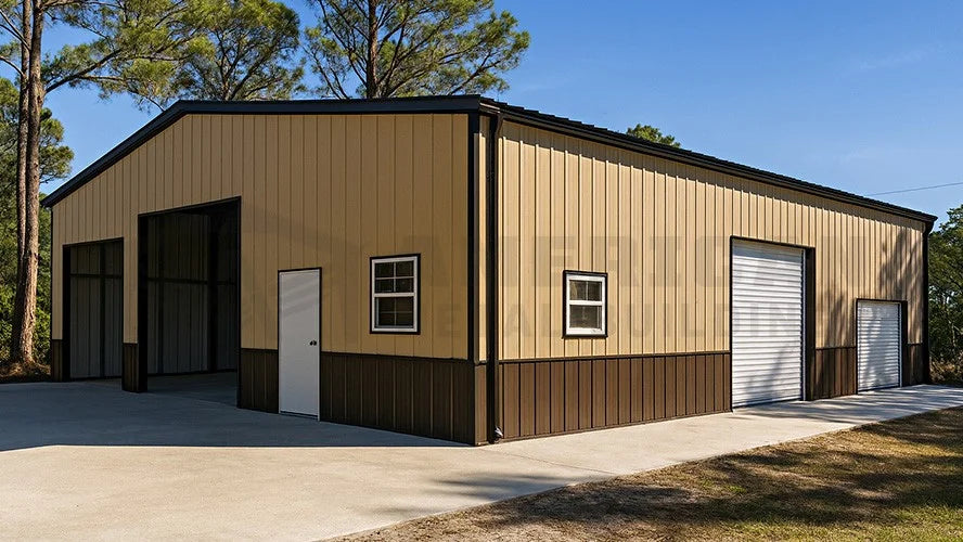 50x50x12 steel building with vertical roof and multiple garage frame-outs | 50x50 metal buildings for sale near me !!