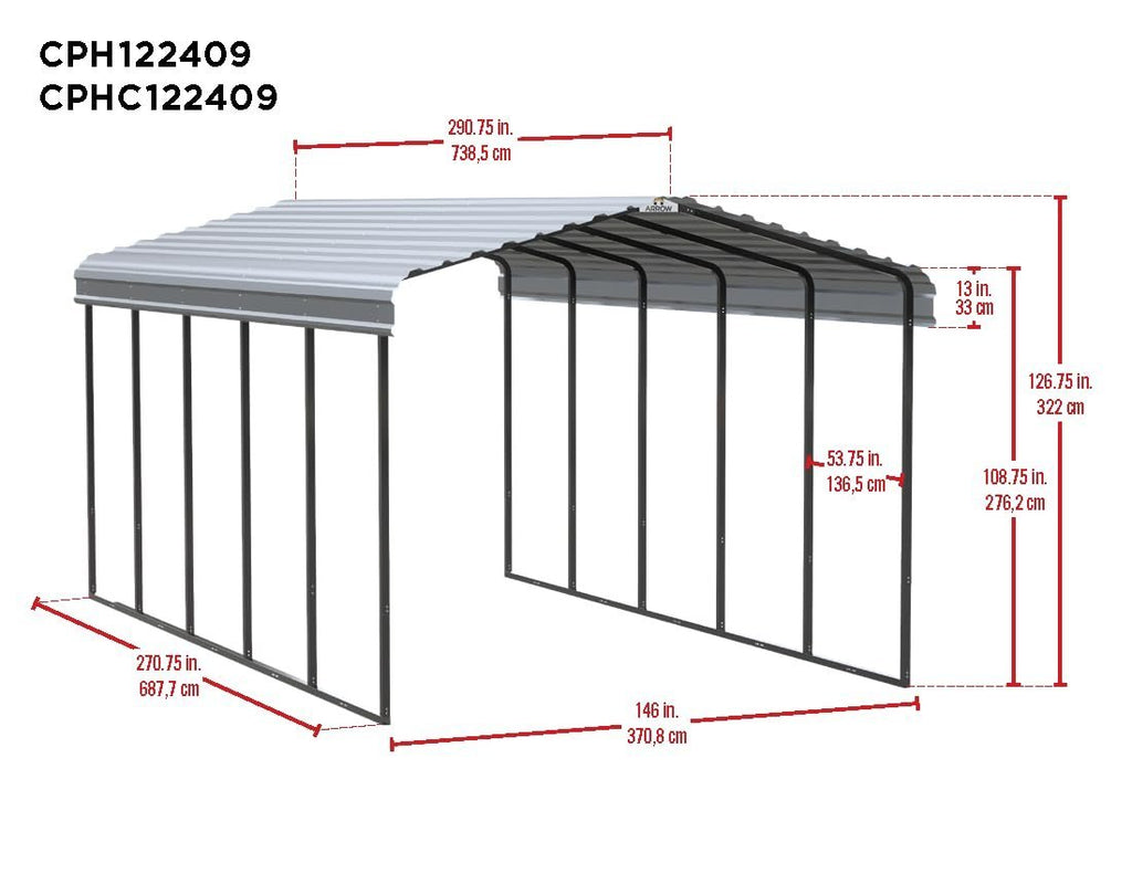 Arrow Carport, 12 ft. x 24ft. x 9ft. Charcoal 12′ x 24′ x 9′