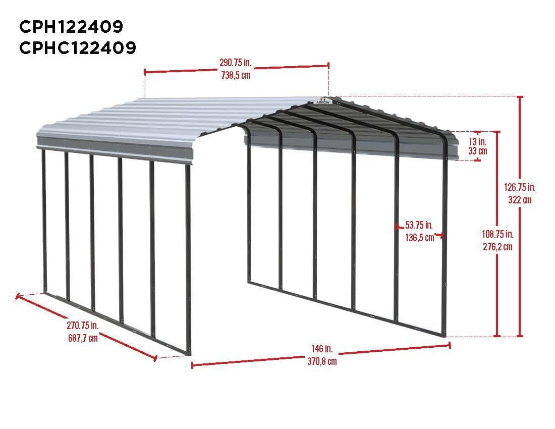 Arrow Carport, 12 ft. x 24ft. x 9ft. Charcoal 12′ x 24′ x 9′