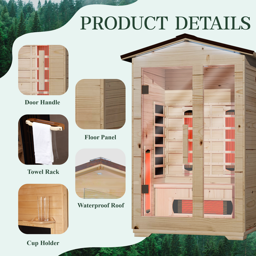 EROMMY Outdoor Sauna 2 Person, Far Infrared Wooden Sauna, Personal Sauna with Bluetooth Speaker and Changeable Chromotherapy Lighting