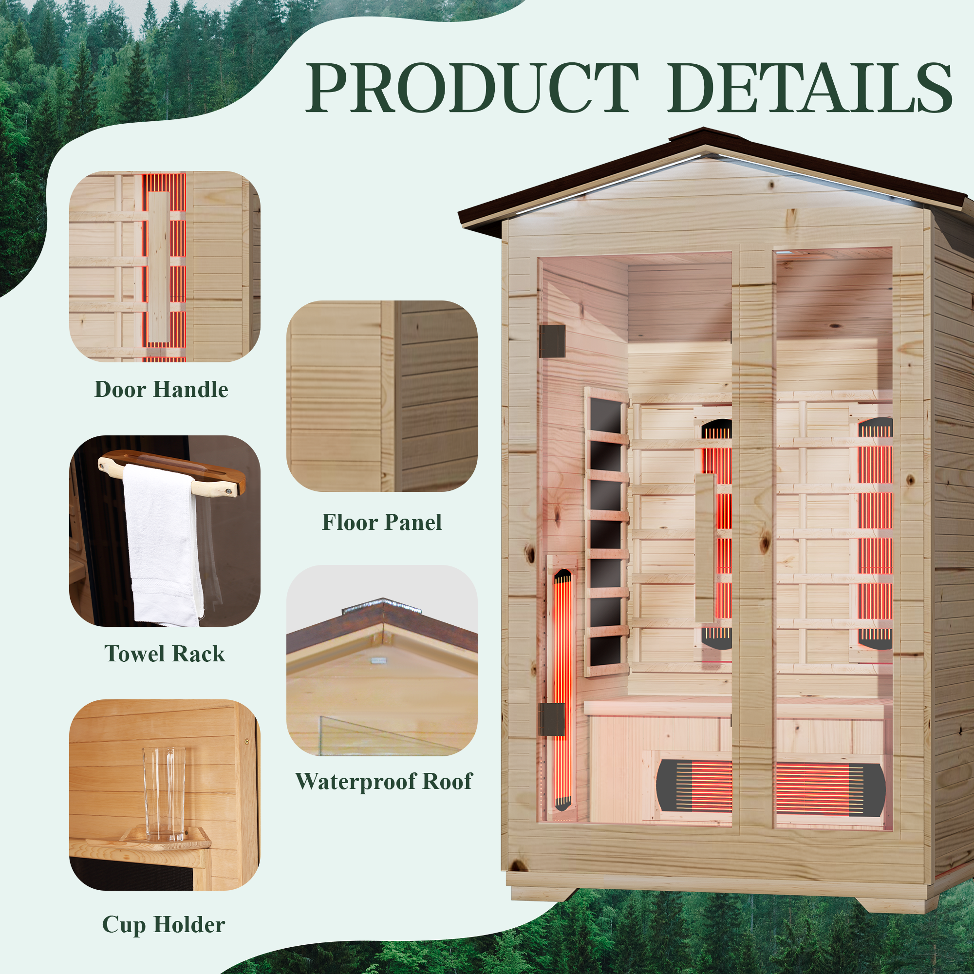 EROMMY Outdoor Sauna 2 Person, Far Infrared Wooden Sauna, Personal Sauna with Bluetooth Speaker and Changeable Chromotherapy Lighting