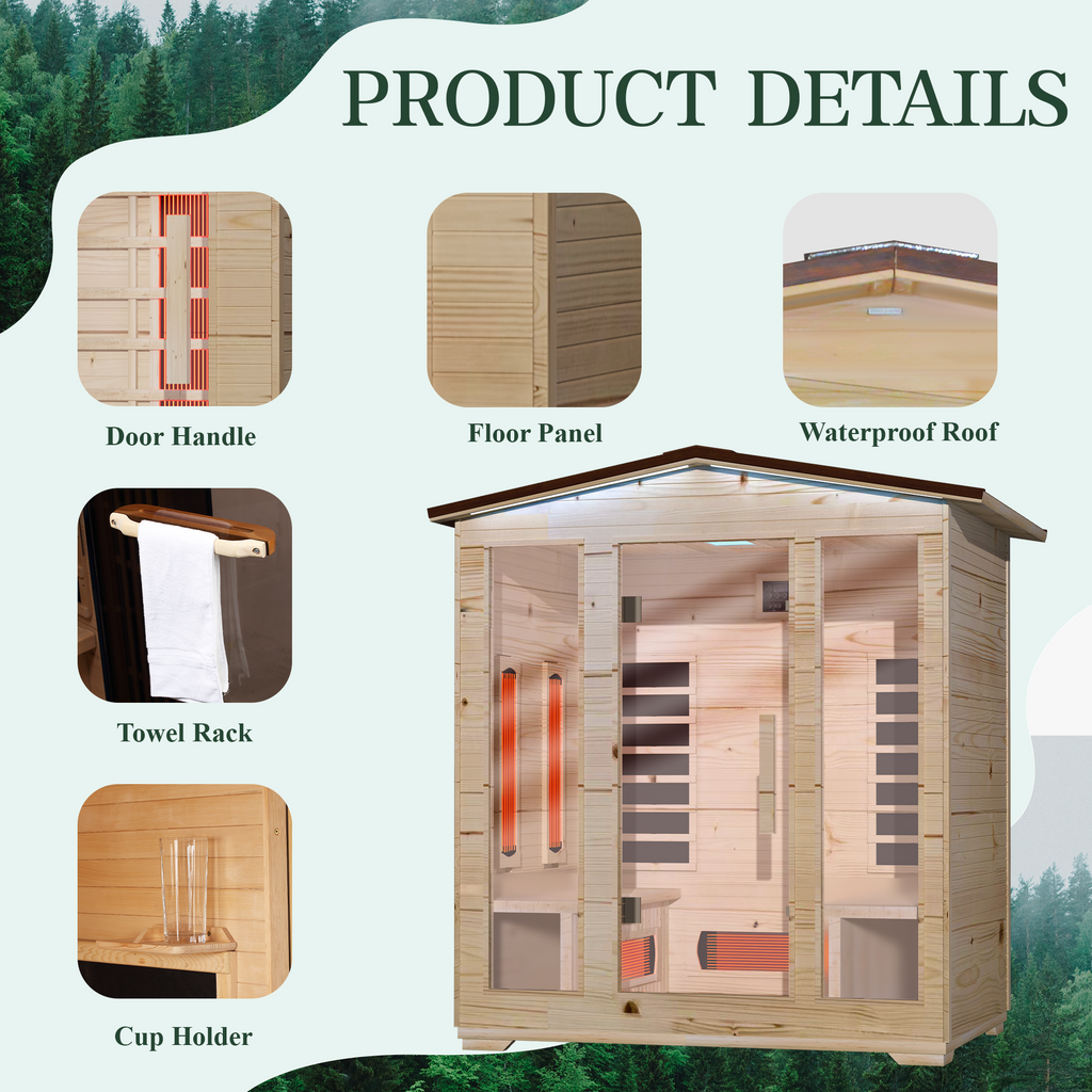 EROMMY Outdoor Sauna 4 Person, Far Infrared Wooden Sauna, Personal Sauna with Bluetooth Speaker and Changeable Chromotherapy Lighting