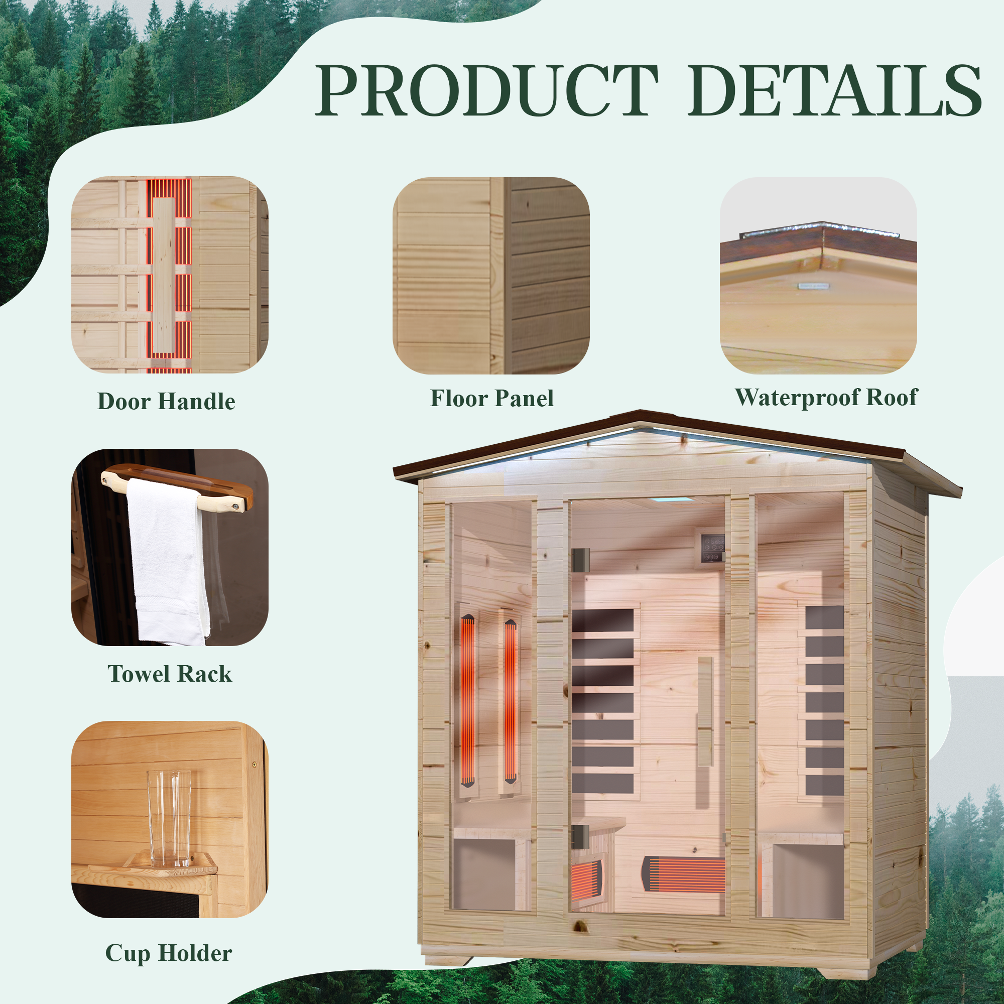 EROMMY Outdoor Sauna 4 Person, Far Infrared Wooden Sauna, Personal Sauna with Bluetooth Speaker and Changeable Chromotherapy Lighting