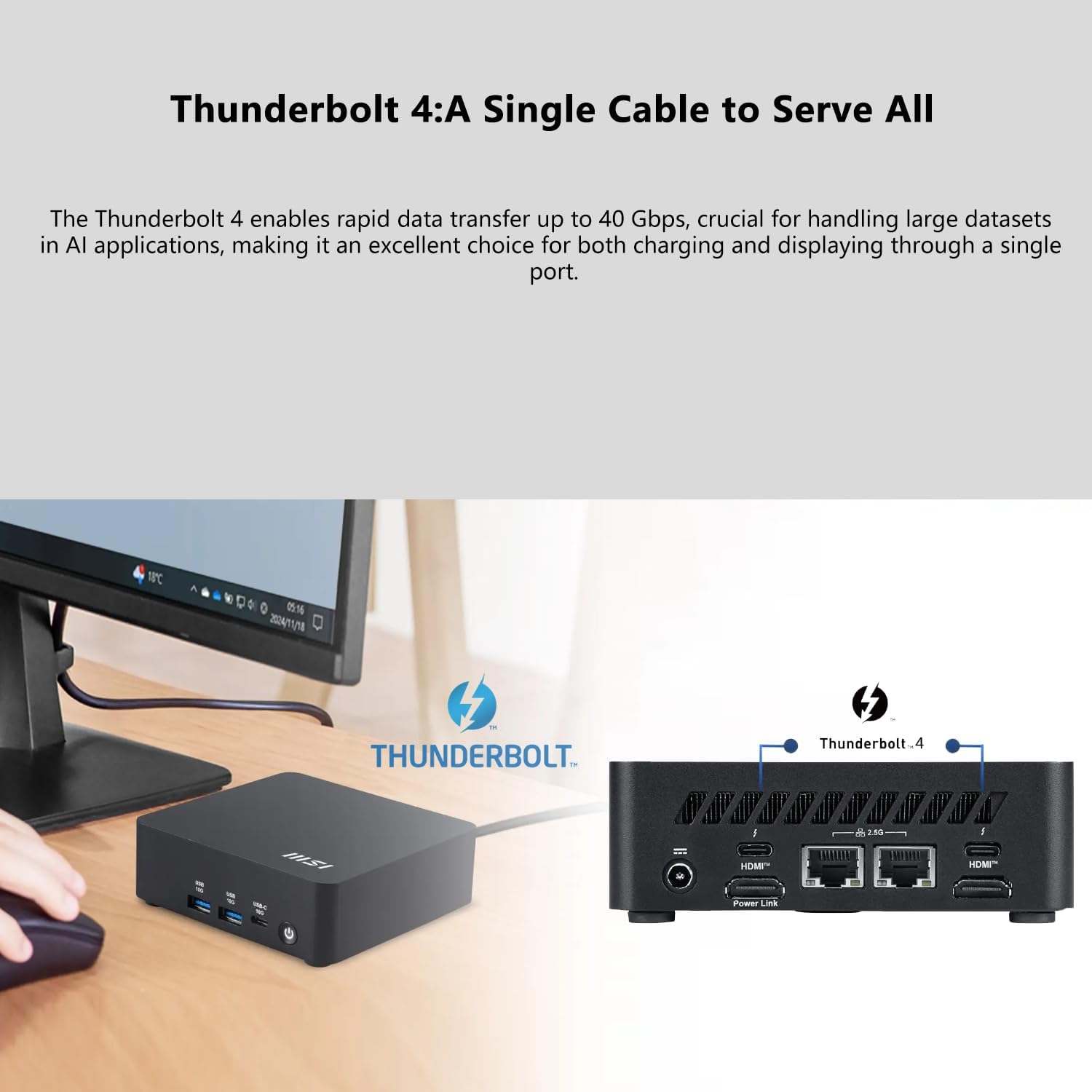 msi Cubi NUC AI Business Mini Desktop, Intel 16-Core Ultra 7 155H, 32GB DDR5, 1TB SSD, Support 4-Display & 4K, 2 x Thunderbolt 4, 2 x HDMI, Dual 2.5G LAN, Wi-Fi 6E, Windows 11 Pro, Black