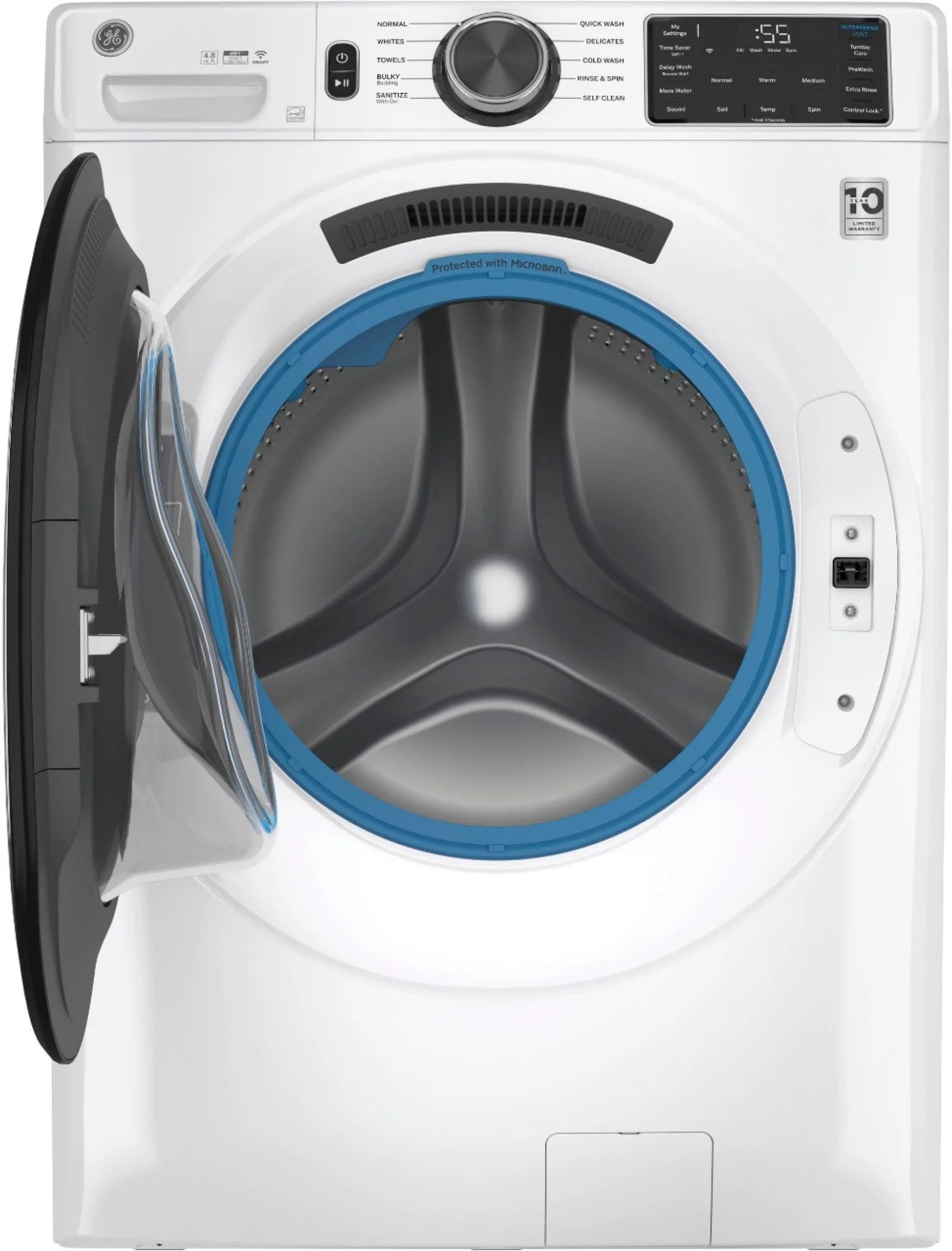 GE – 4.8 CuFt High-Efficiency Stackable Smart Front Load Washer w/UltraFresh Vent System & Microban Antimicrobial Technology – White on white