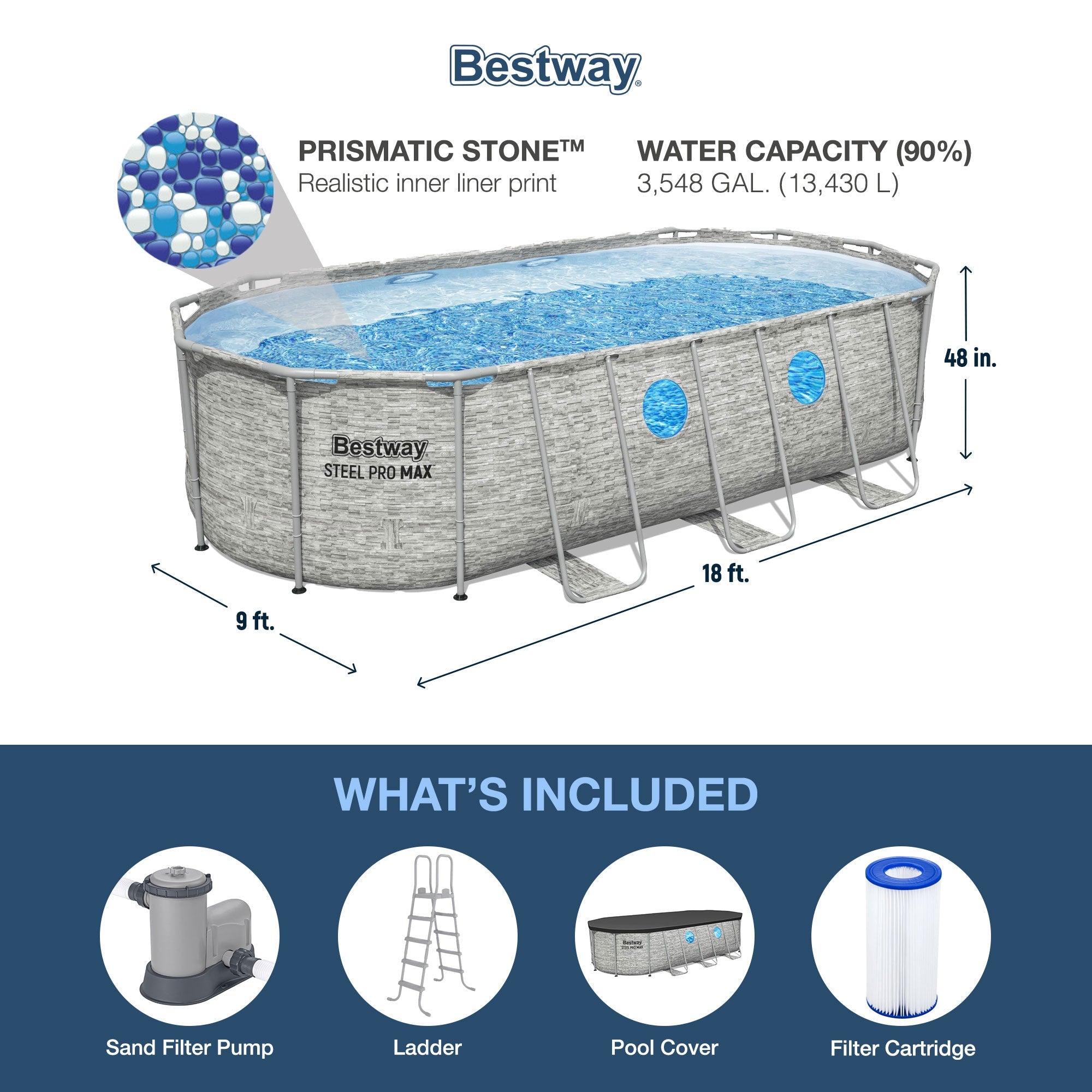 Bestway Power Steel Swim Vista 18' x 9' x 48" Above Ground Swimming Pool Set