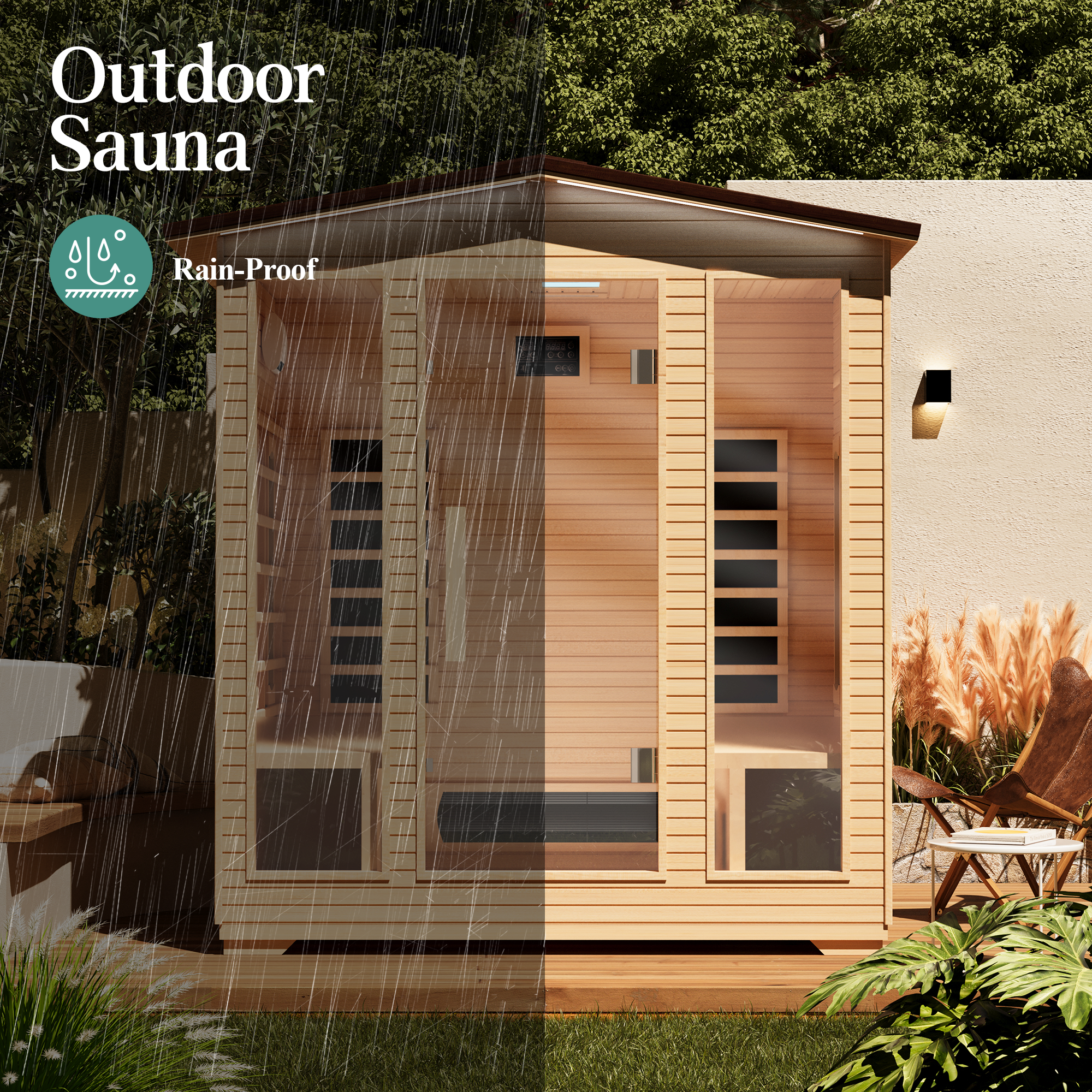 EROMMY Outdoor Sauna 4 Person, Far Infrared Wooden Sauna, Personal Sauna with Bluetooth Speaker and Changeable Chromotherapy Lighting