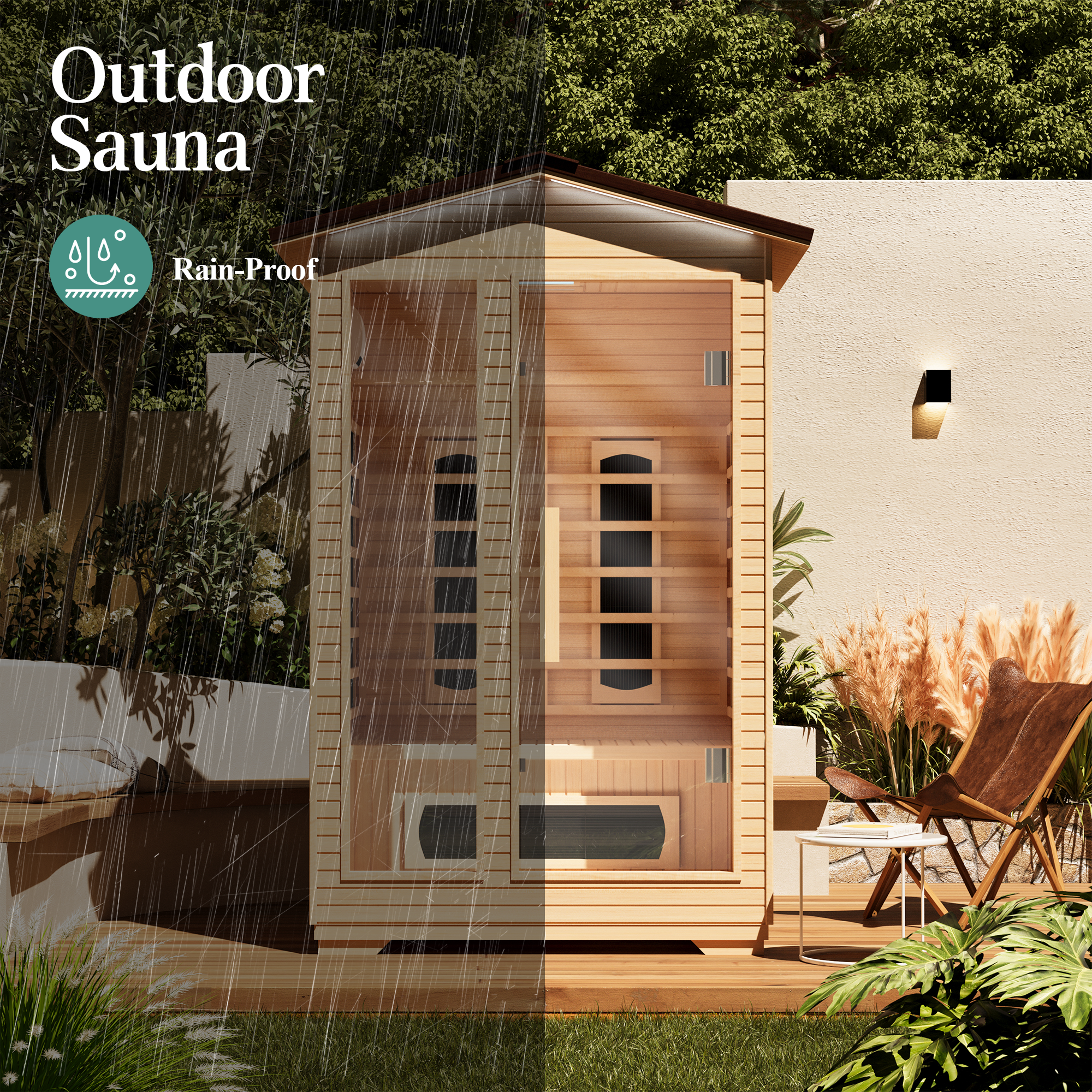 EROMMY Outdoor Sauna 2 Person, Far Infrared Wooden Sauna, Personal Sauna with Bluetooth Speaker and Changeable Chromotherapy Lighting