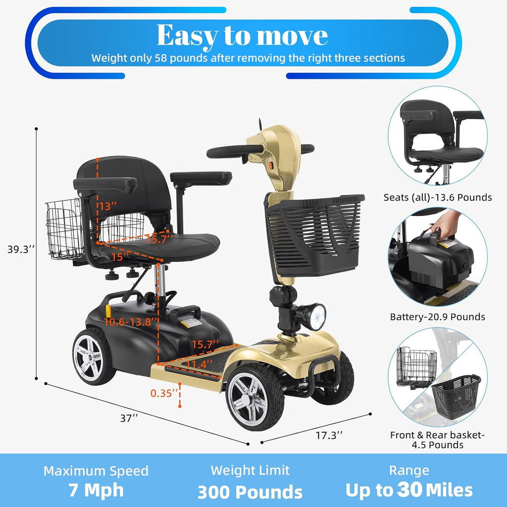 4-Wheel Mobility Scooter for Adults & Seniors, 15–30 Mile Range, 350W, Removable Battery, Compact