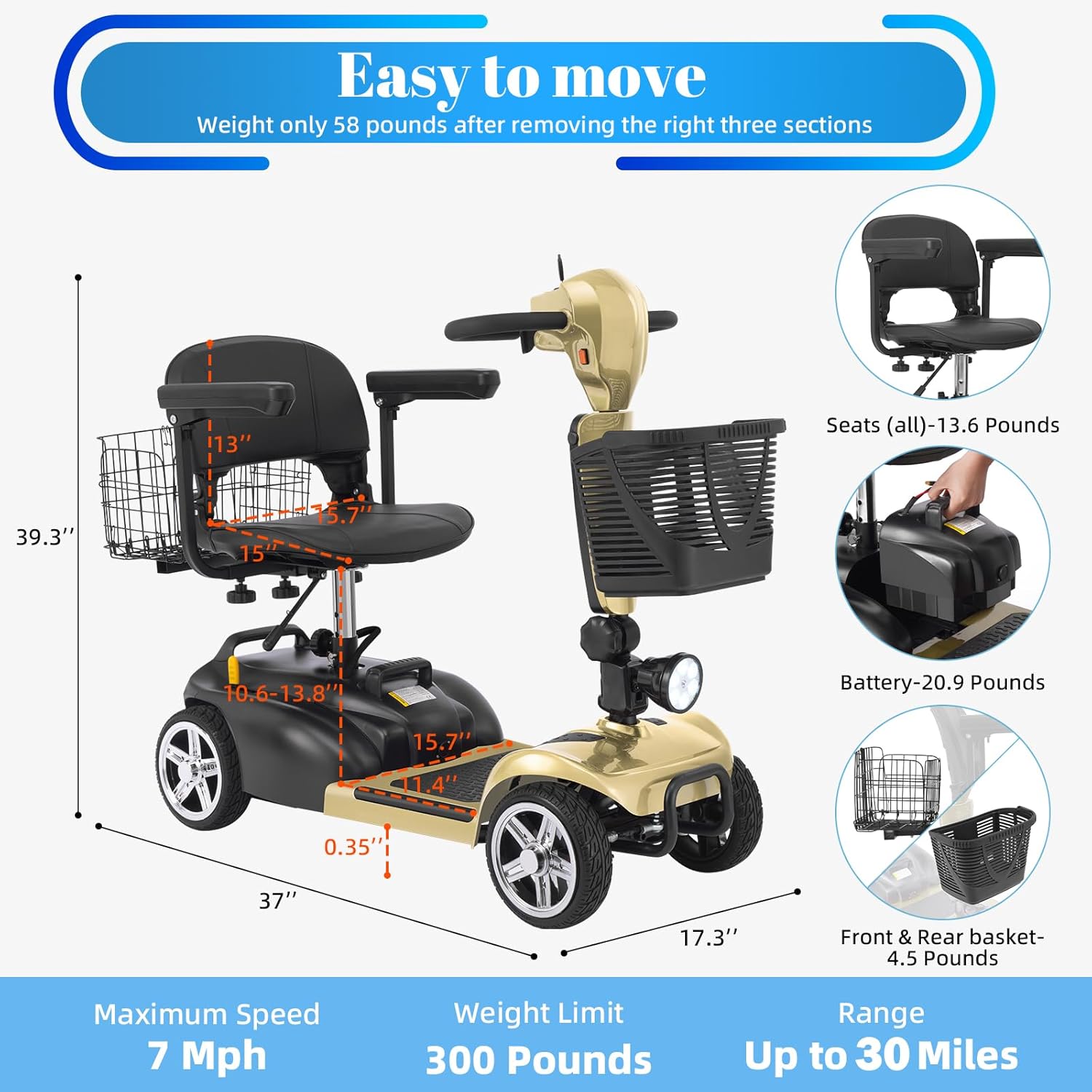 4-Wheel Mobility Scooter for Adults & Seniors, 15–30 Mile Range, 350W, Removable Battery, Compact