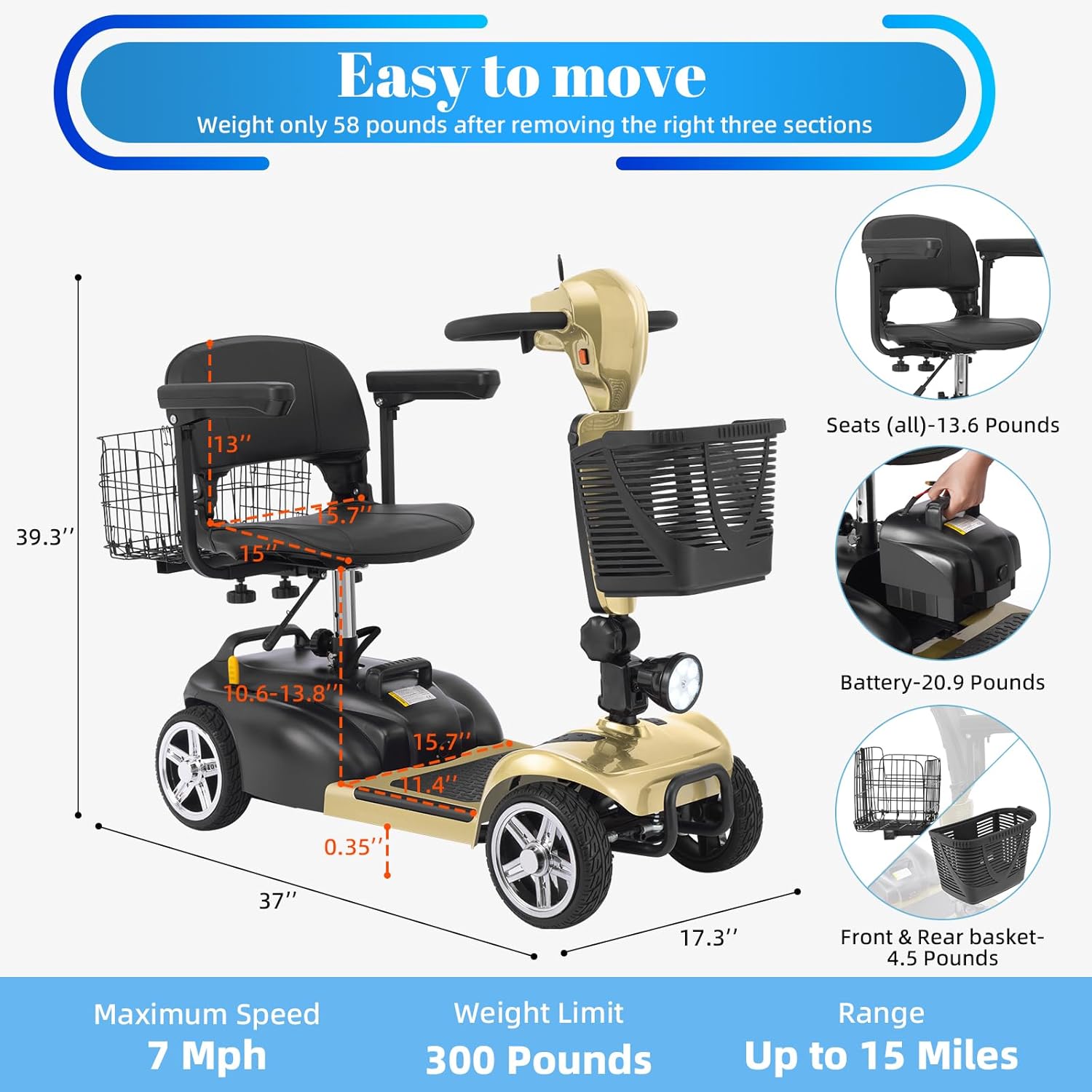 4-Wheel Mobility Scooter for Adults & Seniors, 15–30 Mile Range, 350W, Removable Battery, Compact