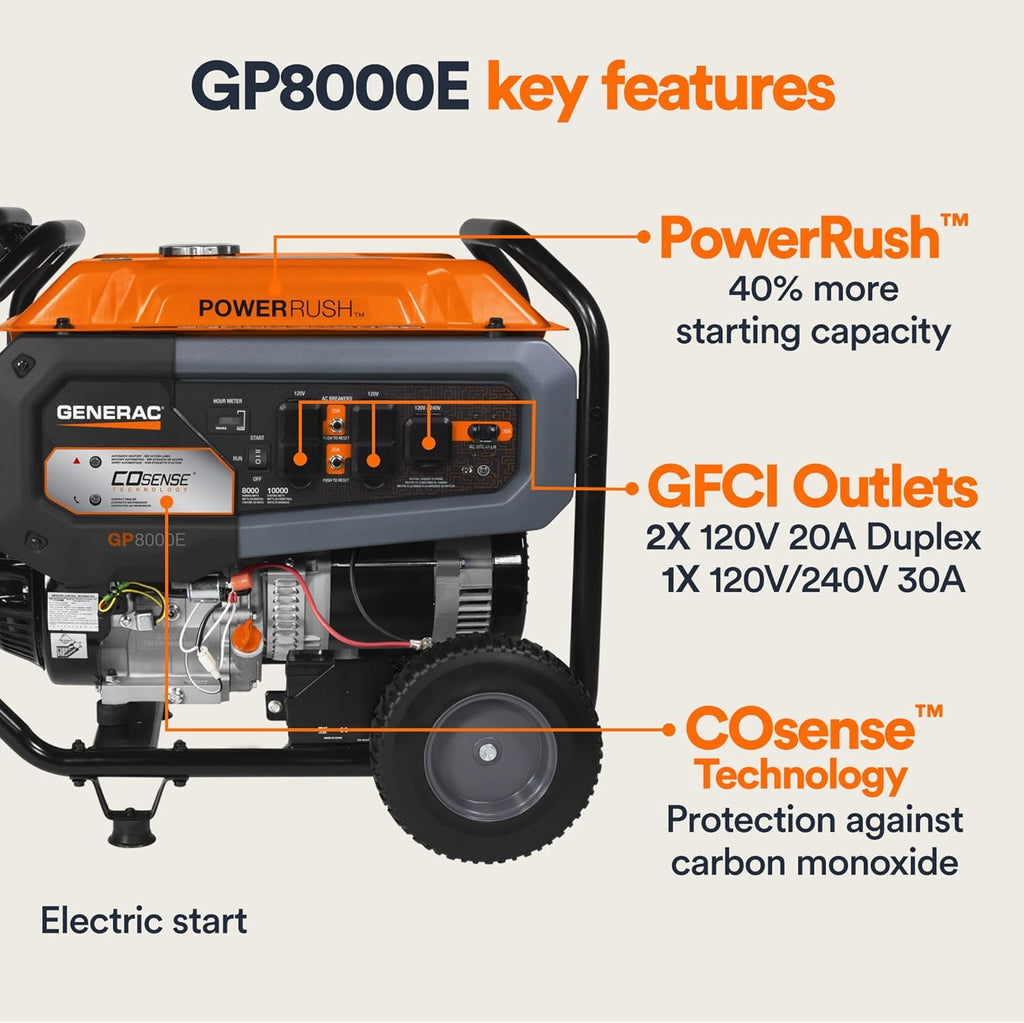 Generac 8,125 Starting Watt Portable Gas Generator – Includes Extension Cord