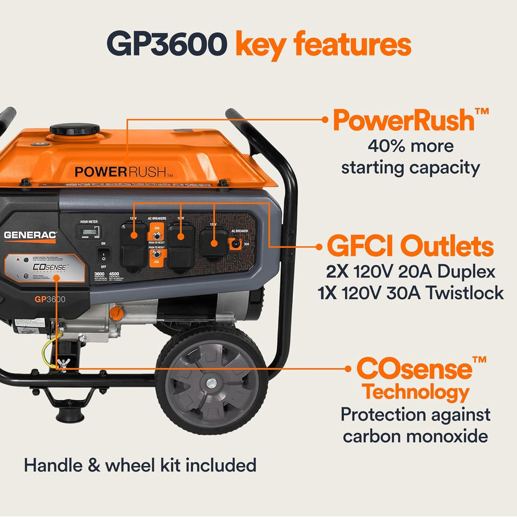 Generac 8,125 Starting Watt Portable Gas Generator – Includes Extension Cord