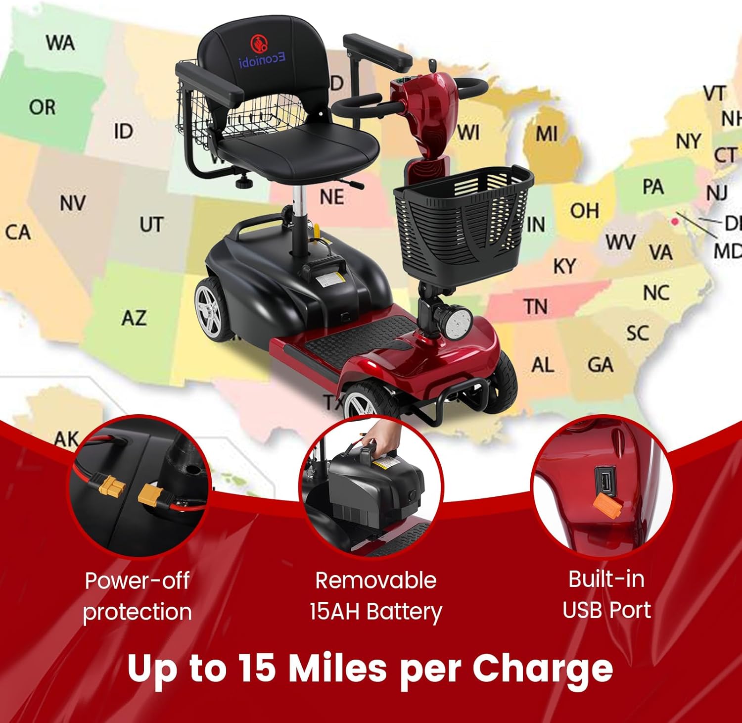 4-Wheel Mobility Scooter for Adults & Seniors, 15–30 Mile Range, 350W, Removable Battery, Compact