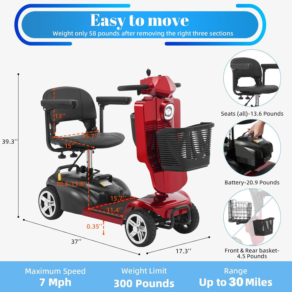 4-Wheel Mobility Scooter for Adults & Seniors, 15–30 Mile Range, 350W, Removable Battery, Compact
