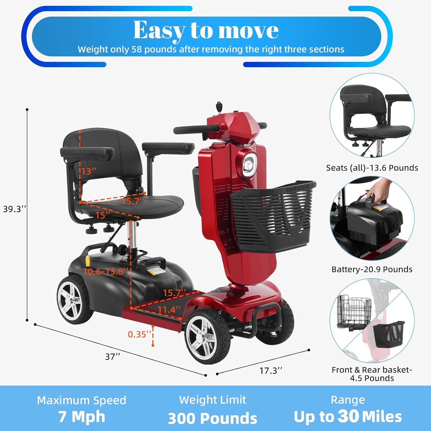 4-Wheel Mobility Scooter for Adults & Seniors, 15–30 Mile Range, 350W, Removable Battery, Compact