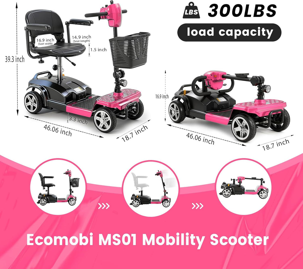 4-Wheel Mobility Scooter for Adults & Seniors, 15–30 Mile Range, 350W, Removable Battery, Compact