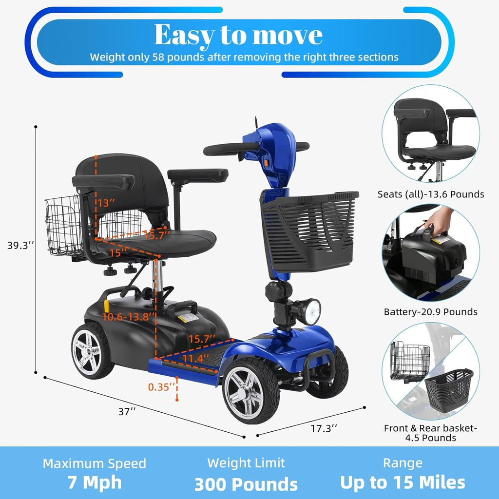 4-Wheel Mobility Scooter for Adults & Seniors, 15–30 Mile Range, 350W, Removable Battery, Compact
