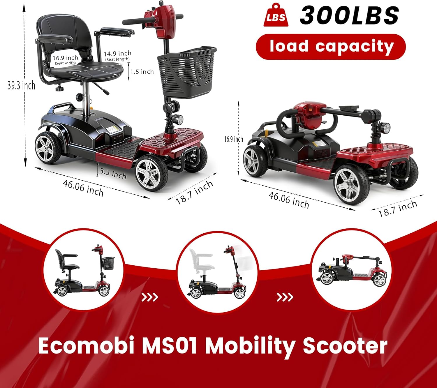 4-Wheel Mobility Scooter for Adults & Seniors, 15–30 Mile Range, 350W, Removable Battery, Compact