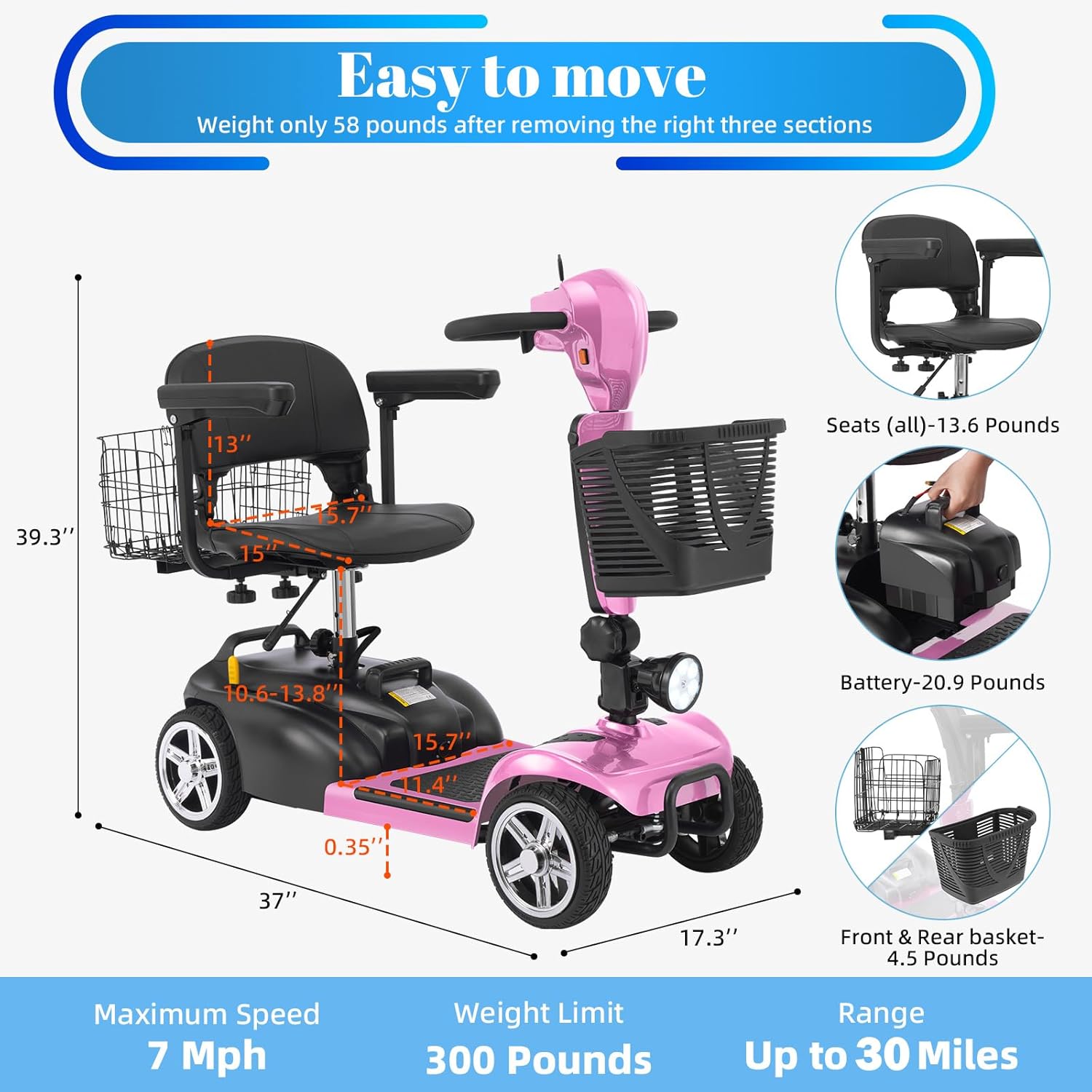 4-Wheel Mobility Scooter for Adults & Seniors, 15–30 Mile Range, 350W, Removable Battery, Compact