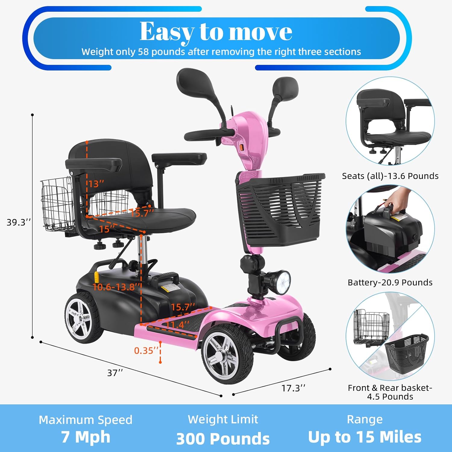 4-Wheel Mobility Scooter for Adults & Seniors, 15–30 Mile Range, 350W, Removable Battery, Compact