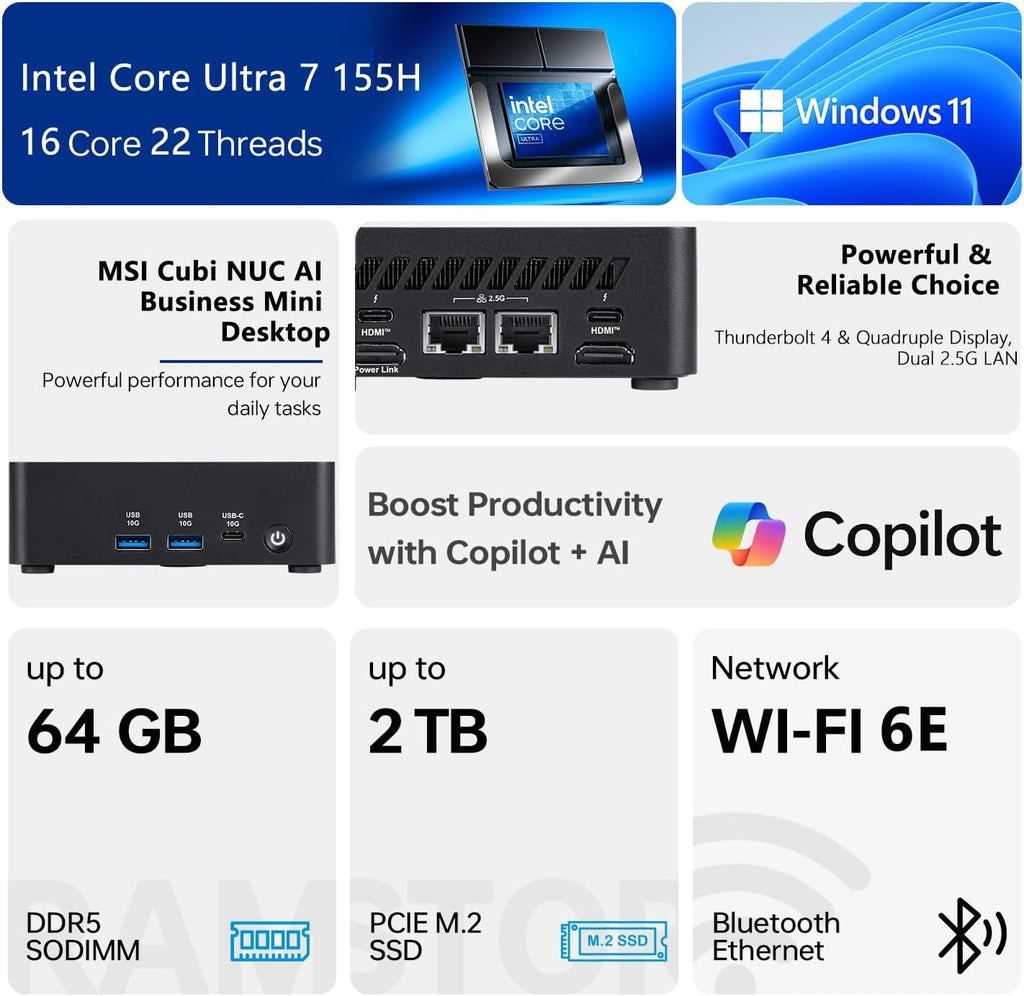 msi Cubi NUC AI Business Mini Desktop, Intel 16-Core Ultra 7 155H, 32GB DDR5, 1TB SSD, Support 4-Display & 4K, 2 x Thunderbolt 4, 2 x HDMI, Dual 2.5G LAN, Wi-Fi 6E, Windows 11 Pro, Black
