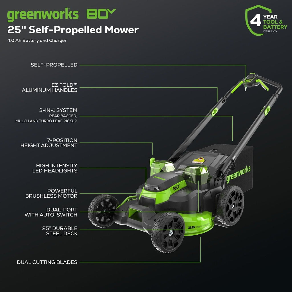 Greenworks 80V 25″ Brushless Cordless Self-Propelled Lawn Mower,3 in 1 Dual Blade LawnMover, W/4.0Ah Battery and Rapid Charger Included