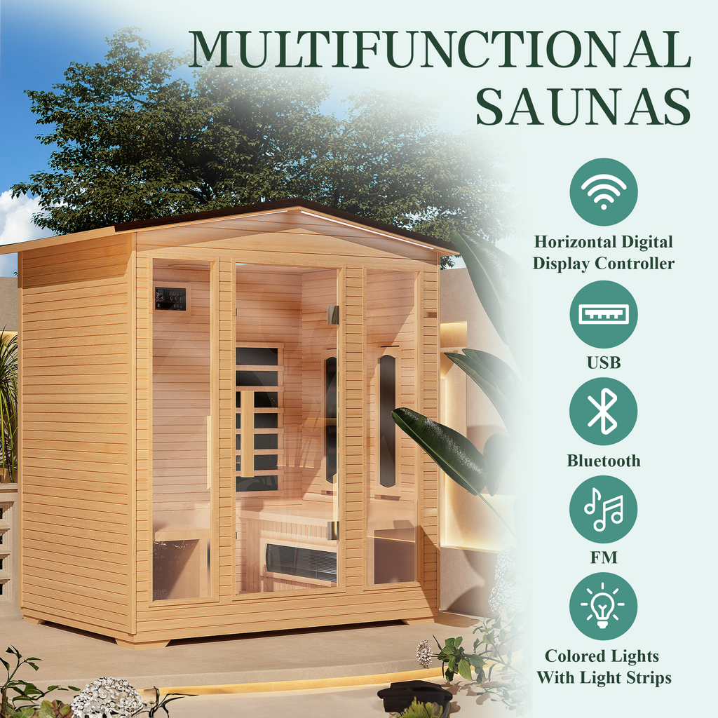 EROMMY Outdoor Sauna 4 Person, Far Infrared Wooden Sauna, Personal Sauna with Bluetooth Speaker and Changeable Chromotherapy Lighting