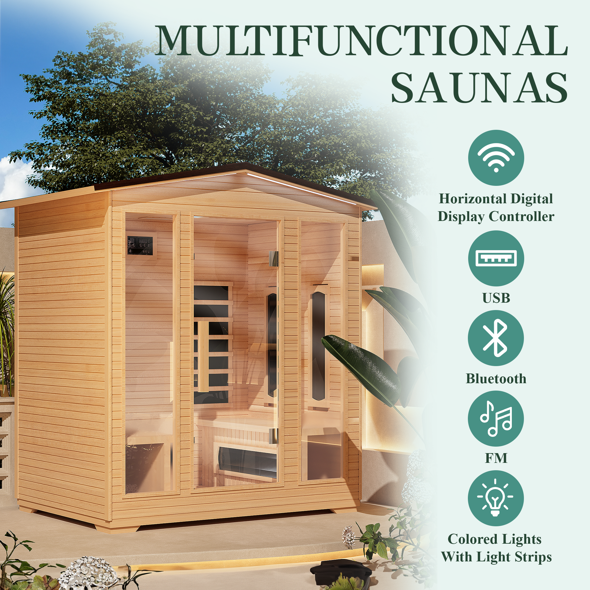 EROMMY Outdoor Sauna 4 Person, Far Infrared Wooden Sauna, Personal Sauna with Bluetooth Speaker and Changeable Chromotherapy Lighting