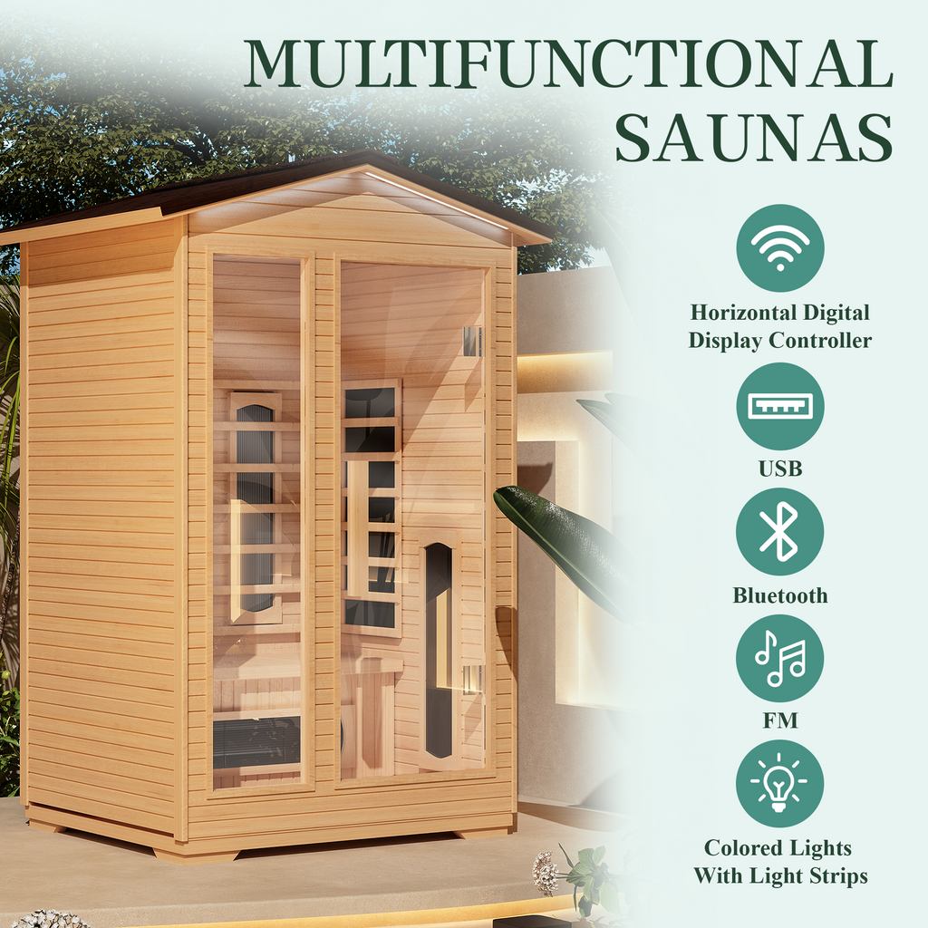 EROMMY Outdoor Sauna 2 Person, Far Infrared Wooden Sauna, Personal Sauna with Bluetooth Speaker and Changeable Chromotherapy Lighting