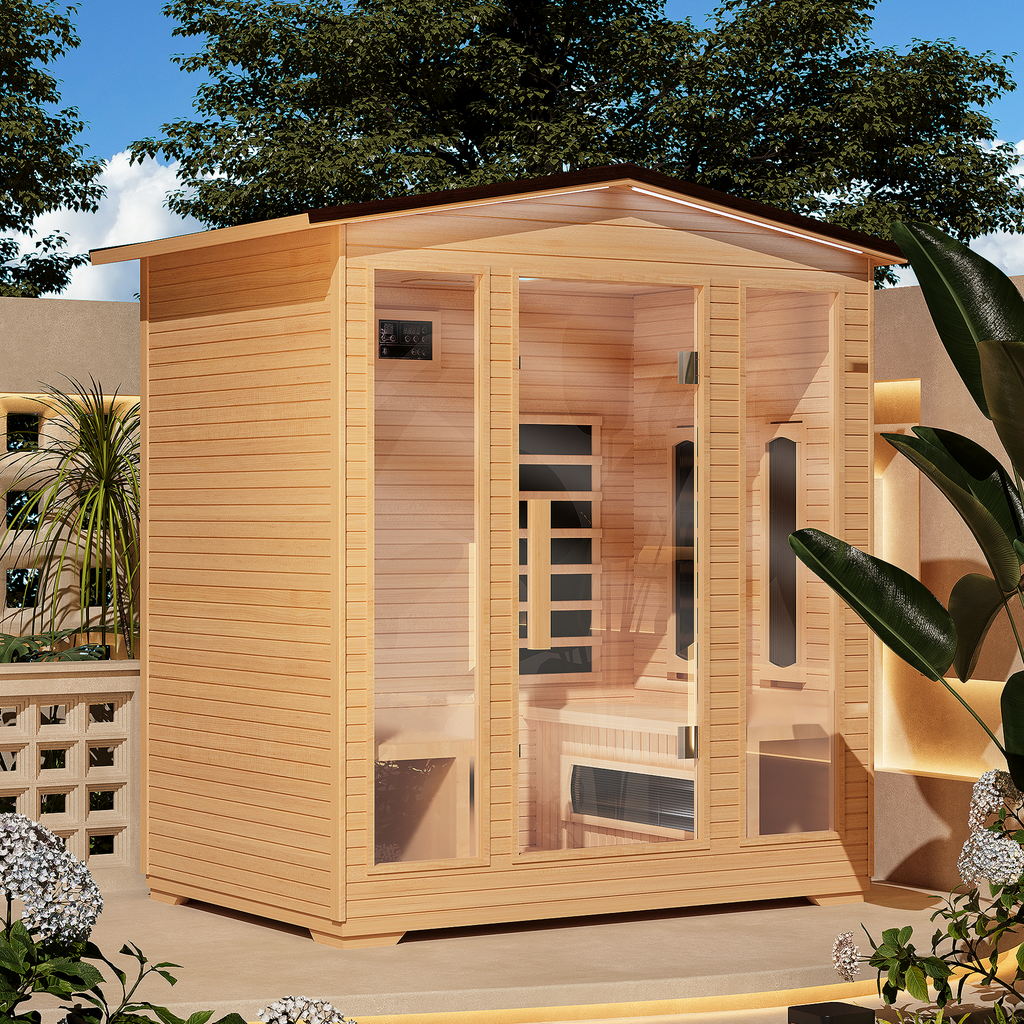 EROMMY Outdoor Sauna 4 Person, Far Infrared Wooden Sauna, Personal Sauna with Bluetooth Speaker and Changeable Chromotherapy Lighting