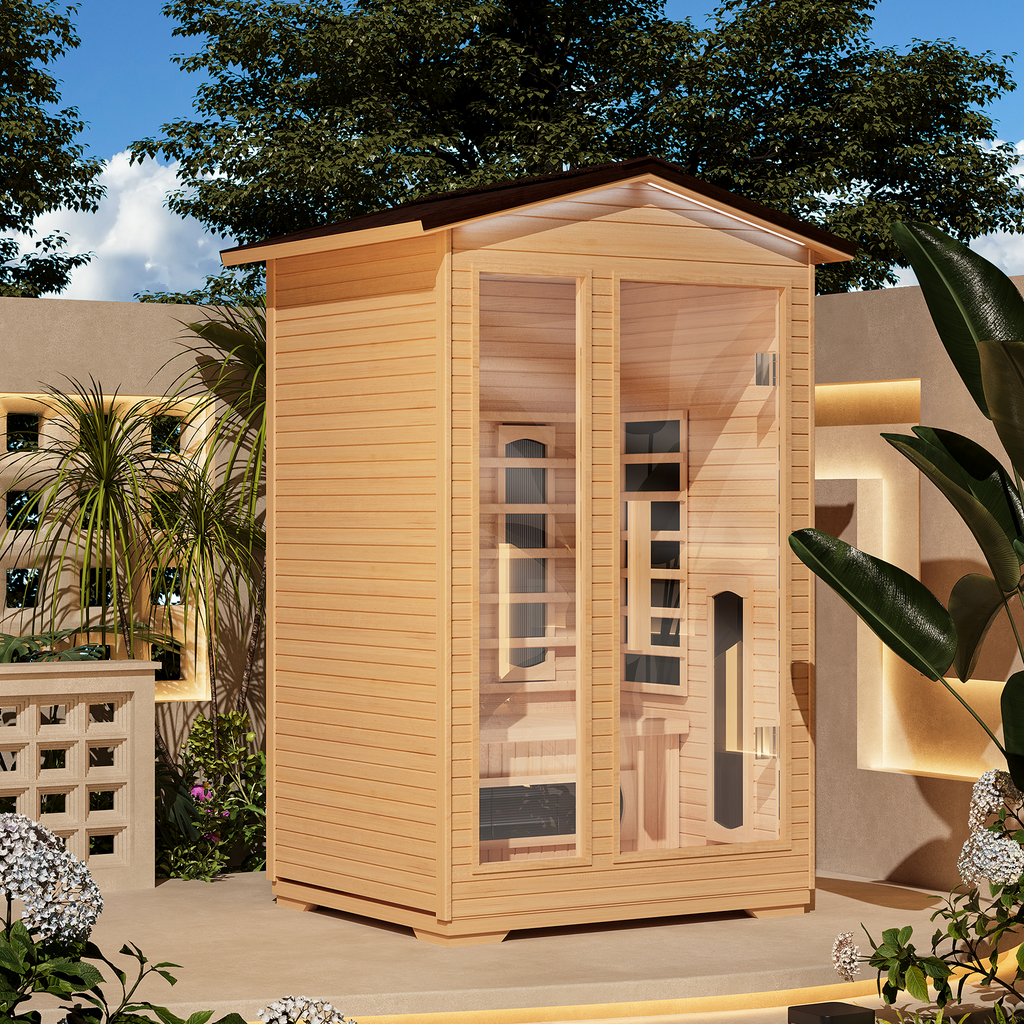 EROMMY Outdoor Sauna 2 Person, Far Infrared Wooden Sauna, Personal Sauna with Bluetooth Speaker and Changeable Chromotherapy Lighting