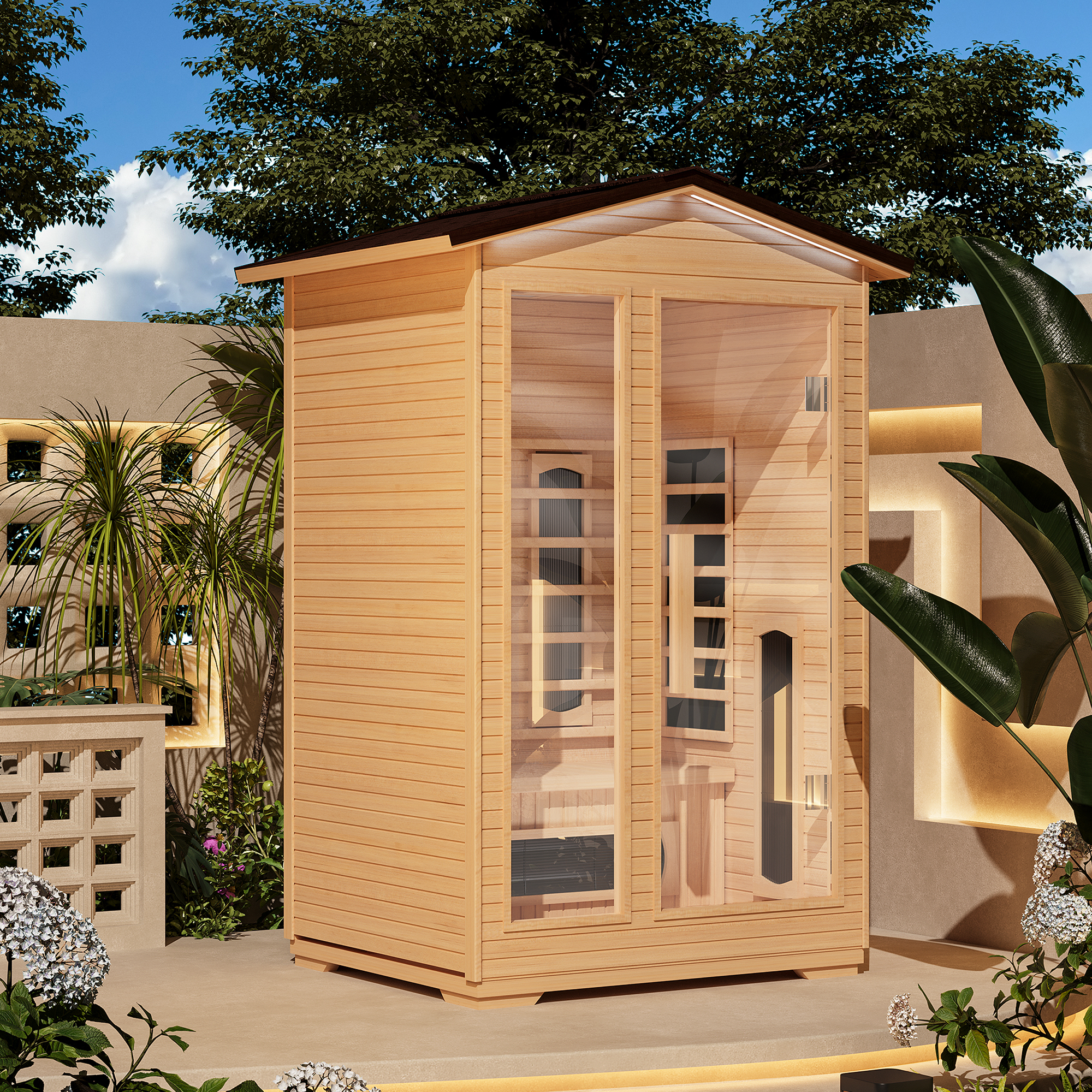 EROMMY Outdoor Sauna 2 Person, Far Infrared Wooden Sauna, Personal Sauna with Bluetooth Speaker and Changeable Chromotherapy Lighting