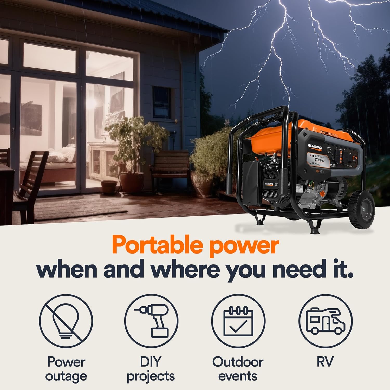 Generac 8,125 Starting Watt Portable Gas Generator – Includes Extension Cord