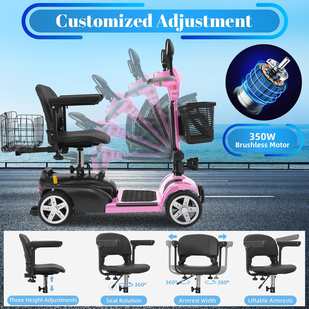 4-Wheel Mobility Scooter for Adults & Seniors, 15–30 Mile Range, 350W, Removable Battery, Compact