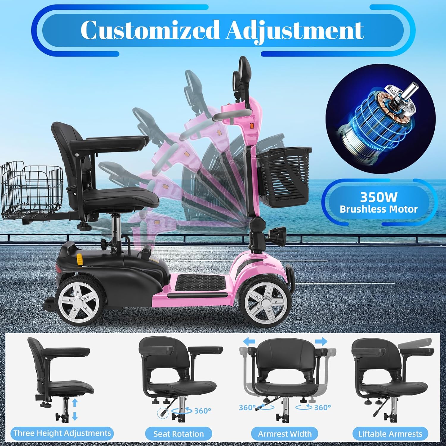 4-Wheel Mobility Scooter for Adults & Seniors, 15–30 Mile Range, 350W, Removable Battery, Compact
