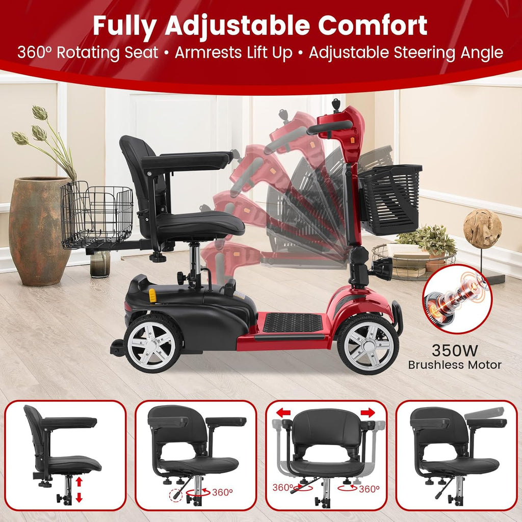 4-Wheel Mobility Scooter for Adults & Seniors, 15–30 Mile Range, 350W, Removable Battery, Compact