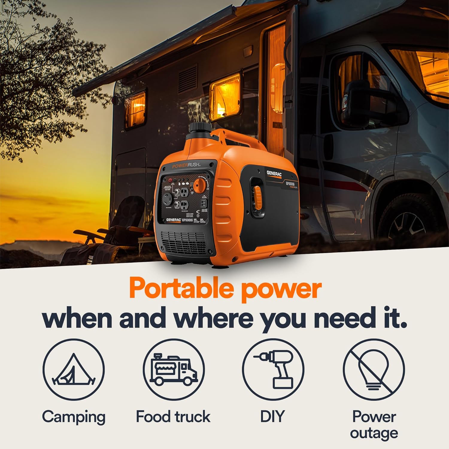 Generac 3,300-Watt Gas Powered Portable Inverter Generator – Lightweight and Compact